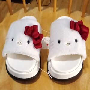 Hello Kitty White and Black Slippers with Red Bow